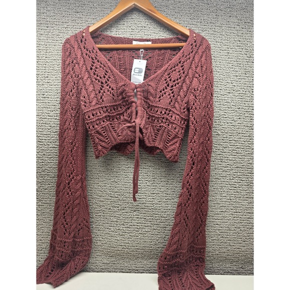 emory park Sweaters - Emory Park Chocolate Pointelle Tie Front Cropped Cardigan Small NEW Buckle
